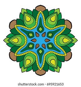 The colored mandala. Symmetrical pattern in a circle. The template for printing on fabric. Picture for meditations and relaxation. Octagonal graphic outlet.