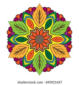 The colored mandala. Symmetrical pattern. The template for printing on fabric. Picture for meditation and relaxation. Octagonal graphic outlet. Styling leaves and berries.
