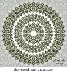 Colored mandala. Vintage decorative elements. Ornament in a circle of green color on a white background. Stock vector illustration, eps10. Ethnic style. Islam, Arabic, Indian, ottoman motifs. 