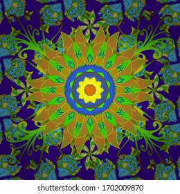 Colored mandalas element. Vector illustration. Green, violet and blue colors.