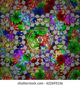 Colored Mandalas on colorful background. Vintage vector decorative elements. Oriental pattern. Islam, Arabic, Indian, turkish, pakistan, chinese, ottoman motifs.
