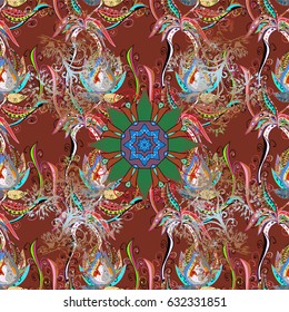Colored Mandalas on green background. Vintage vector decorative elements. Oriental pattern. Islam, Arabic, Indian, turkish, pakistan, chinese, ottoman motifs.