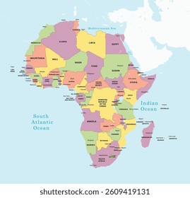 Colored Map of Africa with Country Names and Capital Cities