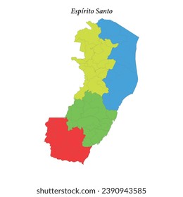 Mapa coloreado de Espirito Santo, estado de Brasil, con regiones fronterizas y municipios