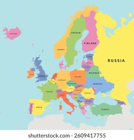 Colored Map of Europe with Country Names