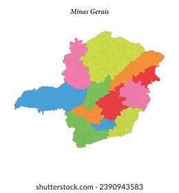 Colored map of Minas Gerais, state Brazil, with borders regions and municipalities