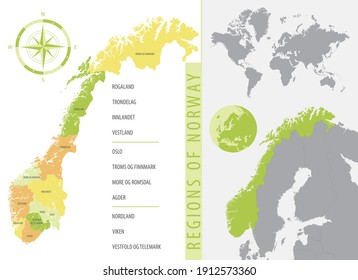Colored map of Norway with administrative division, detailed vector illustration