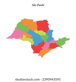 Colored map of São Paulo, state Brazil, with borders regions and municipalities