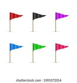 Colored Map Pin Flag Set. Map Markers in the Form of Waved Triangular Flags. Push-Pin Assorted Multicolored Map Flags. Vector Illustration Isolated on White Background