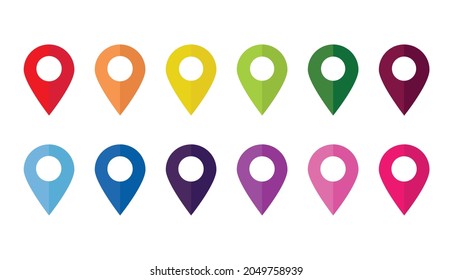 Colored map pin (red, orange, yellow, green, blue, pin), icon.