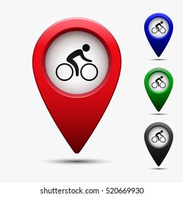 Colored map pointer with symbol bicycle path or parking place. Vector isolated illustration of map mark and cyclist.