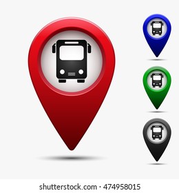 Colored map pointer with symbol bus station. For location maps. Mark icon. Sign for gps navigation. Index location on map. Pointer location. Vector isolated ilustration.