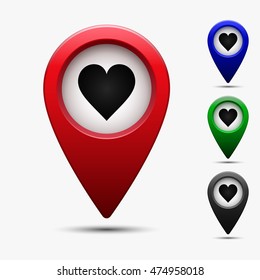 Colored map pointer with symbol heart . For location maps. Mark icon. Sign for gps navigation. Index location on map. Pointer location. Vector isolated ilustration.
