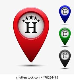 Colored map pointer with symbol hotel or rest room with stars . For location maps. Mark icon. Travel sign for navigation. Index location on map. Pointer location. Vector isolated illustration.