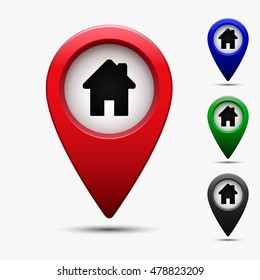 Colored map pointer with symbol house, home or hotel. For location maps. Navigation mark icon. Index location on map. Pointer location. Vector isolated illustration.