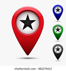 Colored map pointer with symbol star or hotel. For location maps. Mark icon. Sign for navigation. Index location on map. Pointer location. Vector isolated illustration.