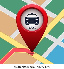 Colored map pointer with symbol taxi, cab and car. For location maps. Mark icon. Sign for navigation. Index location on map. Pointer location. Vector isolated illustration.