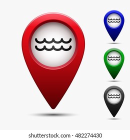 Colored map pointer with symbol wave, river, sea, ocean, pool, pond, beach. Mark icon. Sign for navigation. Index location on map. Pointer location. Vector isolated illustration.