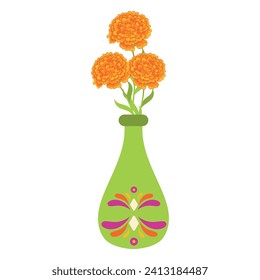 Colored marigold flowers on pot Vector illustration
