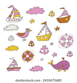 Colored marine icons for kids. Stickerpack. Ship, yacht, albatross, whale, lifebuoys, clouds, stars, anchor. Hand drawn. Vector illustration.