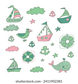 Colored marine icons for kids. Stickerpack. Ship, yacht, albatross, whale, lifebuoys, clouds, stars, anchor. Hand drawn. Vector illustration.