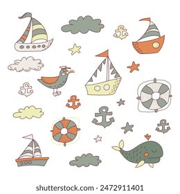 Colored marine icons for kids. Stickerpack. Ship, yacht, albatross, whale, lifebuoys, clouds, stars, anchor. Hand drawn. Vector illustration.