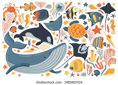 Colored marine life underwater on a white background ocean set flat vector illustration