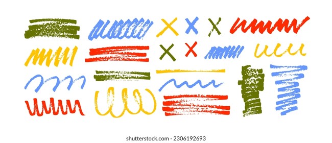 Colored marker curly strokes, squiggles and rectangle shapes. Brush drawn vector crosses, marks and doodles. Colorful underline and highlighter marker strokes. Curly smears, childish scribbled shapes.