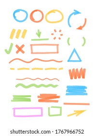 Marcas coloreadas resaltadas. Dibujar trazos de elementos de marcos redondos y cuadrados líneas desnudas transparentes garabatos plantillas vectoriales