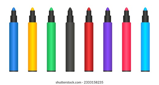 Colored markers with black body and lid realistic set. Open felt or fibre-tip, highlighter pens. Office stationery templates collection. Vector markers. Vector illustration