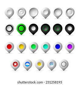 Colored markers geolocation vector icons. Icons vector collection of different markers geolocation - gray empty, black, colored and with weather symbols. Isolated on white background.