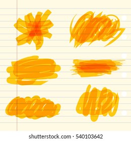 Colored markings of a highlighter pen. Yellow marker scribbles. Vector illustration. On a sheet of exercise book
