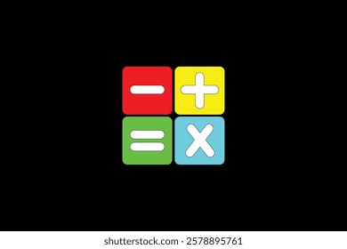 colored math icon logo accompanied by symbols for addition, subtraction, division and multiplication. With a black background