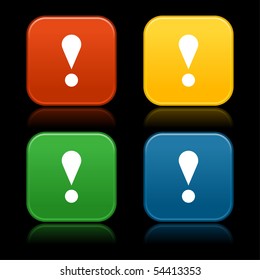 Colored matted attention web 2.0 buttons with exclamation mark and reflection on black background