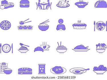 Colored Meal Icon Set. Vector Art Burger, Soup, Rice, Pasta, Salad, Lunch, Pizza, Chicken, Fish, Sushi, Steak, Noodles, Eat, Taco, Hot Dog, Sandwich, and More