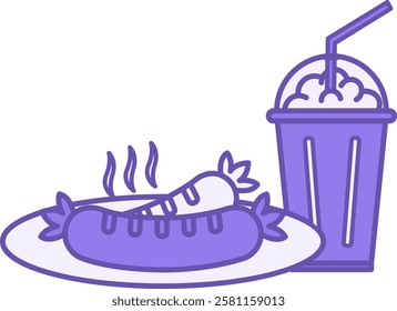 Colored Meal Icon. Vector Icon. Dish, Food. Hot Sausages on a Plate and Milkshake with Straw. Restaurant Concept