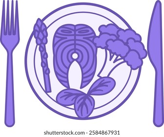 Colored Meal Icon. Vector Drawing. Piece Of Fried Fish, Broccoli, Asparagus And Salad Leaves. Food Products On Plate, Fork And Table Knife. Healthy Lifestyle