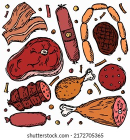 Colored meat icons. Doodle vector illustration with meat products icons
