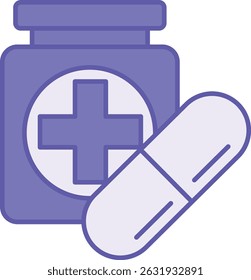 Colored Medication Icon. Vector Illustration. Pill Bottle and Capsule. Remedy for Treating Various Diseases. Mental Health Concept