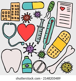 Iconos de medicina de colores. Vector de doodle con íconos de medicina sobre fondo blanco. Iconos de medicina de cosecha