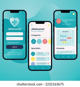 Plantilla de simulación de aplicación móvil de medicina de color ui Ilustración vectorial