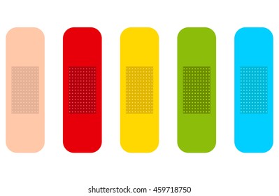Colored medicine plasters. Isolated set with five colors. Flat vector illustrations. Vector EPS10.