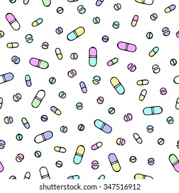 colored medicine vector illustration, hand drawn pills seamless pattern 