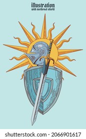 colored medieval shield with artistic strokes with helmet and sun
