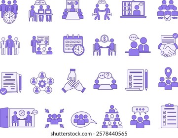 Colored Meeting Icon Set. Vector Icons Seminar, Schedule, Presentation, Interview, Collaboration, Team, Online Meeting, Consultation, Discussion, Meeting Time, Business Meeting, and More