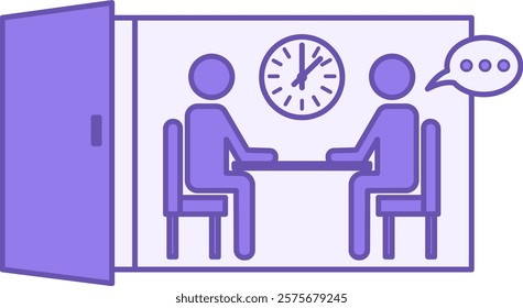 Colored Meeting Room Icon. Vector Icon. People Sitting at the Table and Talking. Office Room with Door and Clock. Business Meeting