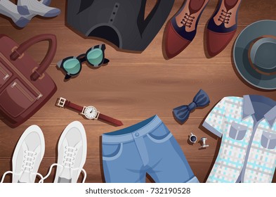 Colored men accessories illustration background clothes and accessories laid out on the wooden floor vector illustration