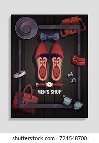 Colored men accessories poster men s shop headline and shoes watch tie glass bag vector illustration