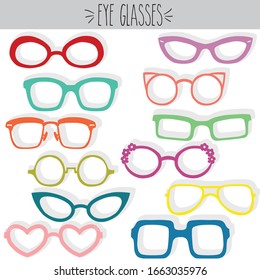 Colored men and women eye glasses illustration. Vintage eye wear frames. Nerd and geek fashion accessory. Heart shape and flowers. Oval, round and rectangular set. Cute cat outline.