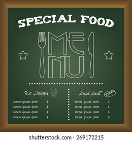 Colored menu design on a board with text and icons. Vector illustration